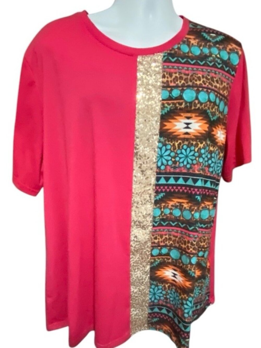 Southern Stitch Sequin Top Womens 3XL Colorful Tshirt Hot Pink Short Sleeve